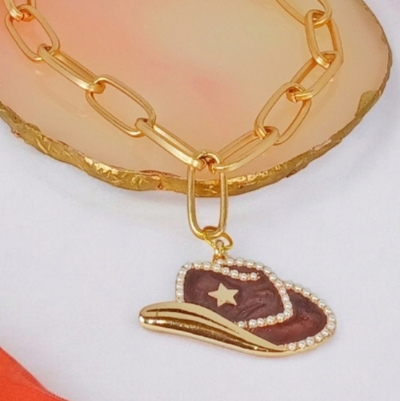 Gold Paper Clip Chain Charm Necklace Pearl Trim Cowboy Hat Pendant Cowboycore - Picture 1 of 11